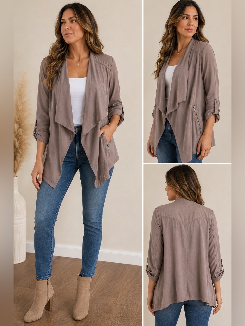 Eliane Rose 100% Tencel Taupe Waterfall Drape Front Jacket Medium